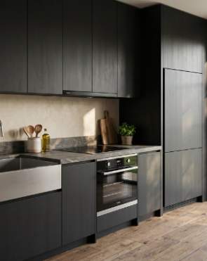 Прямая кухня из чёрного дерева с фермерской мойкой