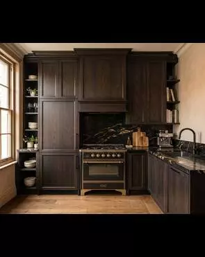 Угловая кухня из тёмного дуба с филёнчатыми фасадами